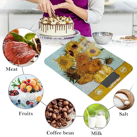 Food Scale Kitchen Digital Scale Food Ounces and Grams Dieting Baking Cooking Waterproof Glass Panels LCD Display,4 Units Scale Tare Function Vangogh Sunflower Yellow