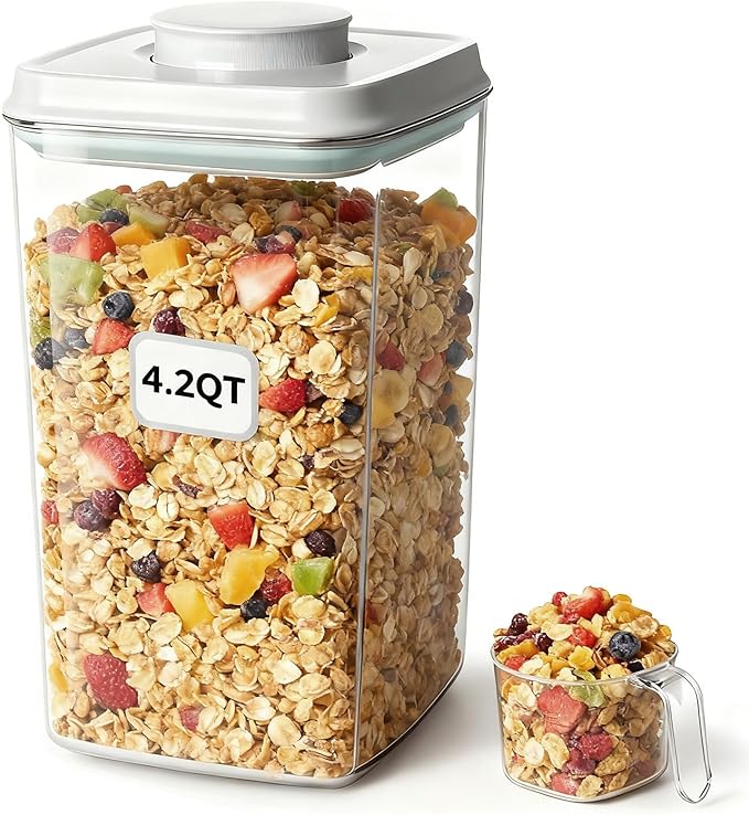 Pop Airtight Food Storage Containers with Lids Stackable Containers for Kitchen Pantry Organization Ideal for Cereal Snacks Flour Sugar Coffee and Spaghetti (gray, 4.2qt)