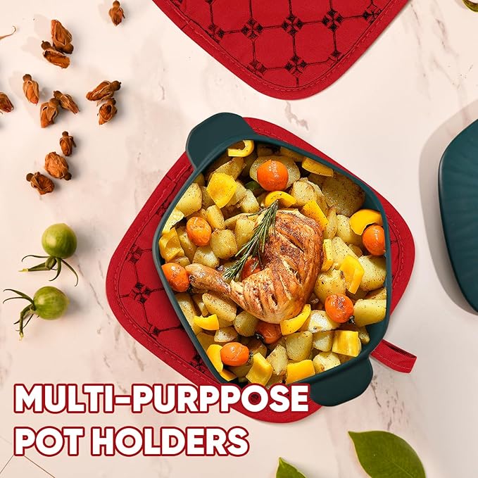 Oven Mitts Kitchen Towels Dishcloths with Pot Holders Sets 12PCS, Dish Towels Sets, Oven Gloves Pot Pads Heat Resistant 500 Degrees with Non-Slip Silicone Surface for Cooking Baking Grilling Red