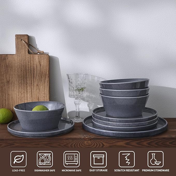 Famiware Plates and Bowls Sets, Annecy Stoneware Dinnerware Sets for 8, 24 Pieces Dish Set, Plate with Lip Edge, Reactive Glaze Tableware - Microwave & Dishwasher Safe, Misty-Blue