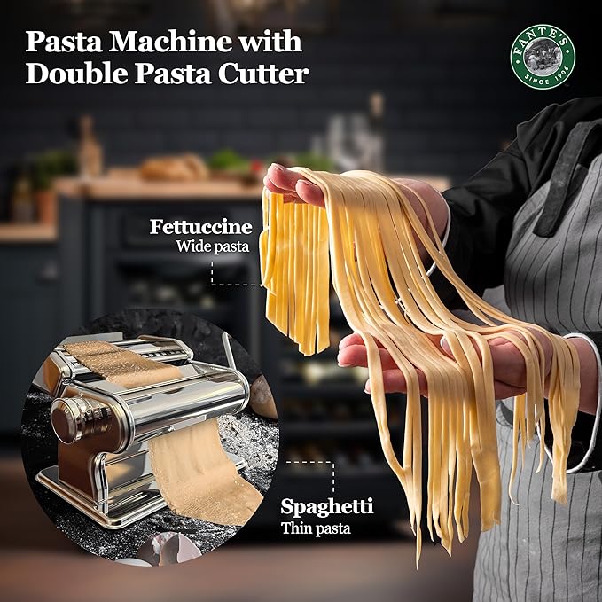 Fante's Wide Pasta Machine With Double Pasta Cutter For Spaghetti And Fettuccine, For Rolling Extra-Wide Pasta Sheets And Creating Consistent Homemade Noodles