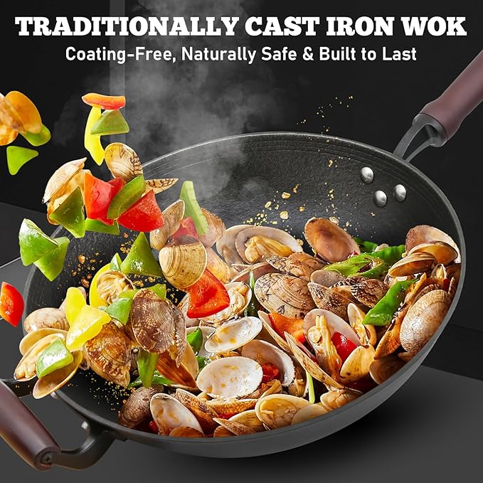 HONGJIANG Cast Iron Wok Pan with Lid, 12.6" Pre-Seasoned Flat Bottom Wok, Coating-Free Wok Stir Fry Pan, Compatible Traditional Chinese Wok for Induction, Electric, Gas, Open Fire