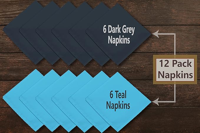 Ruvanti Cloth Napkins Set of 12, 18x18 Inches Napkin Cloth Washable, Soft, Durable, Absorbent Cotton Blend. Table Dinner-Napkin Cloth for Hotel, Lunch, Restaurant, Wedding Parties - Dark Grey & Teal
