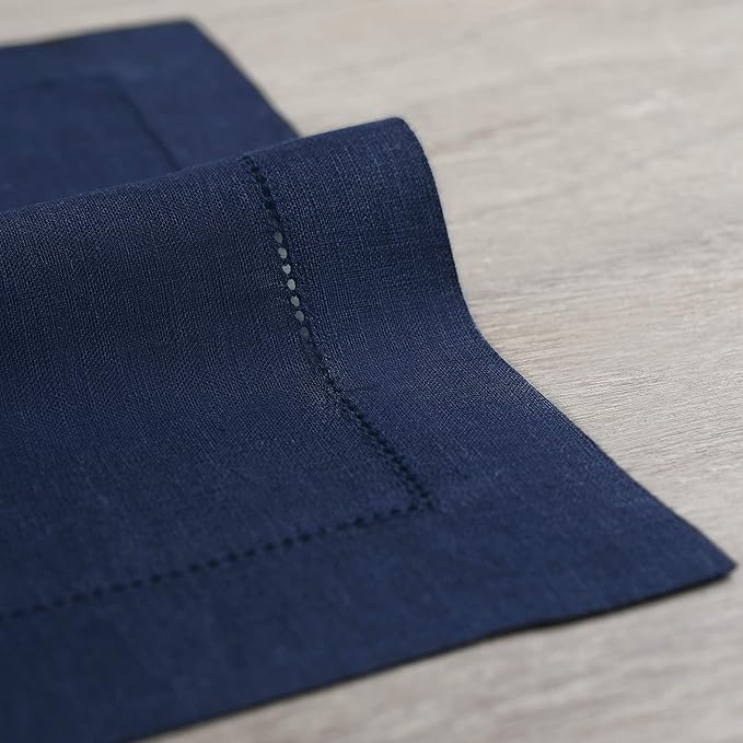 Solino Home Navy Blue Linen Napkins Set of 4-100% Pure Linen Hemstitch Dinner Napkins 20 x 20 Inch for Fall, Autumn, Thanksgiving, Christmas, Holiday, Winter - Classic Hemstitch