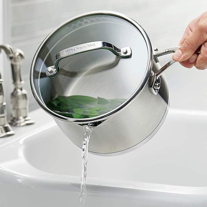 KitchenAid 3-Ply Base Brushed Stainless Steel Cookware Pots and Pans Set, 10 Piece