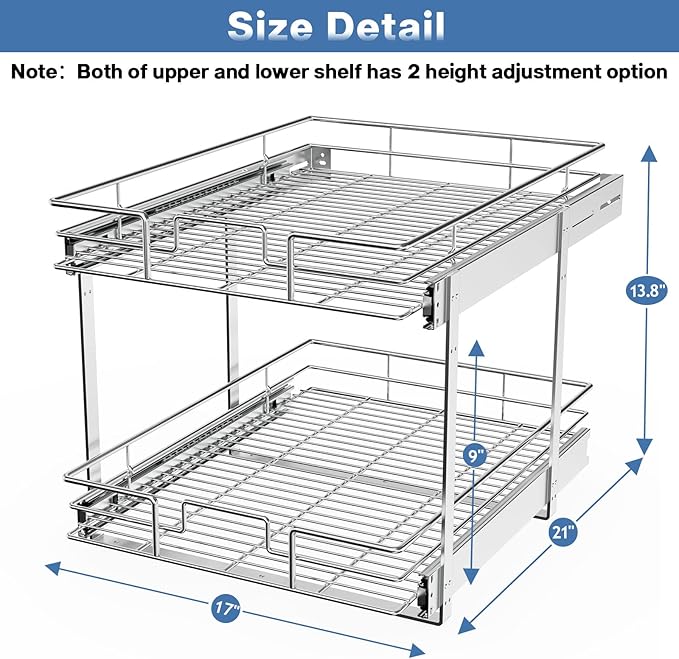 LOVMOR 2 Tier Individual Pull Out Cabinet Organizer 17" W x 21" D, Slide Out Kitchen Cabinet Storage Sliding Shelves