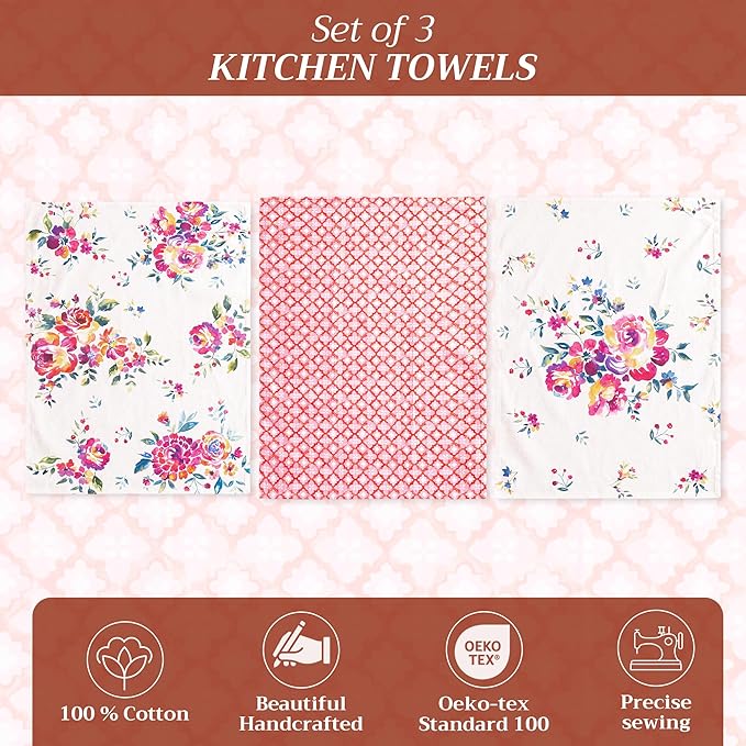 Maison d' Hermine Kitchen Towels Set of 3 100% Cotton 27.50" x 20" Reusable Cloth Tea Dish Towels Absorbent with Hanging Loop for Kitchen, Home, Dining, Cocktail Parties Spring/Summer (Rose Garden)