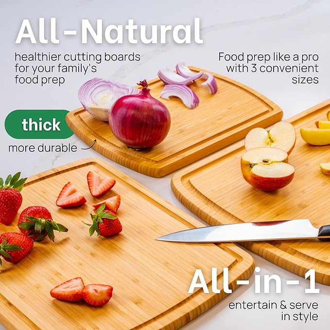 Organic Wood Cutting Boards for Kitchen for Chopping Vegetables, Carving Meat, Slicing Bread and Serving Charcuterie for Meal Time Prep, Holiday Gatherings, and Hosting Parties - Ideal for Home Chefs