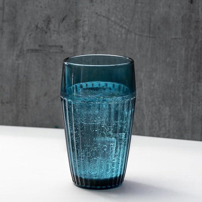 Blue Drinking Glasses Set Of 4-14 oz Vintage Aesthetic Colored Water Tumblers, Thick Glass Heavy Duty Ribbed Glassware, Retro Drinkware Home Bar Cocktail Cups, Kitchen Drink Cup Gift Sets