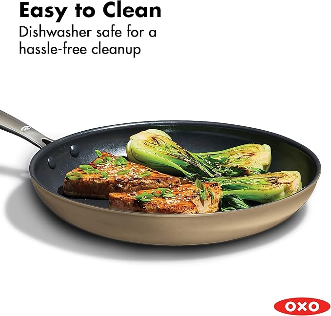 OXO Enhanced 12” Nonstick Frying Pan Skillet, Ceramic PFAS-Free Cookware, Stainless Steel Handle, Eggs & Omelets, Dishwasher & Oven Safe, Biscuit Brown