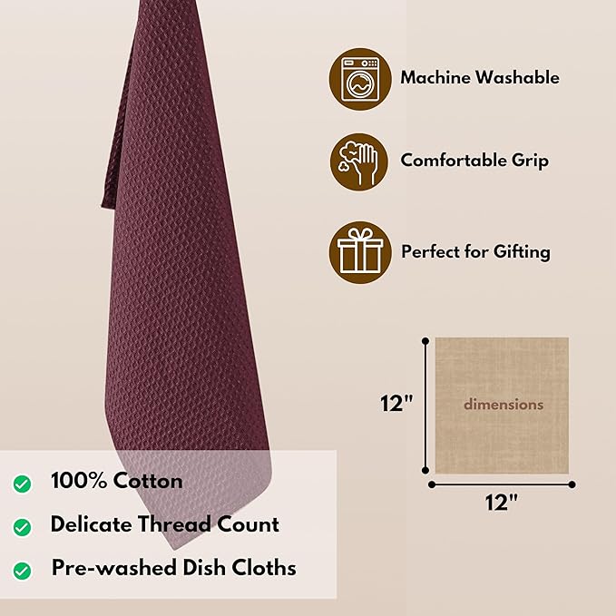 Native Fab 6 Pack Cotton Waffle Dish Cloths - 12x12 inch, Soft, Absorbent & Quick Drying Towels for Cleaning, Cooking & Baking - Great for Home, Restaurants, Cafes & Bars - Burgundy Wine