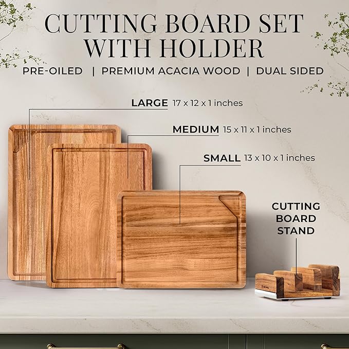Acacia Wood Cutting Board Set with Holder – 4 Piece Wooden Cutting Board Set with Stand – Reversible Charcuterie Tray with Juice Grooves and Silver Handles – Stylish Kitchen Gift