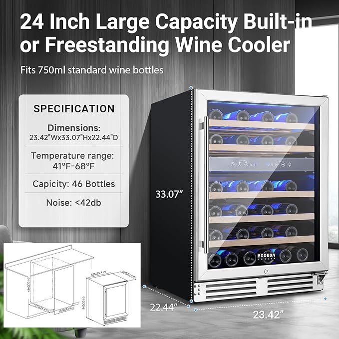 BODEGA 24 Inch Wine Fridge Dual Zone, 46 Bottle, Built-In or Under Counter Freestanding Wine Cooler Refrigerator With Stainless Steel Handle, Wine Cooler With Lock, Energy Efficient,For Home, Kitchen