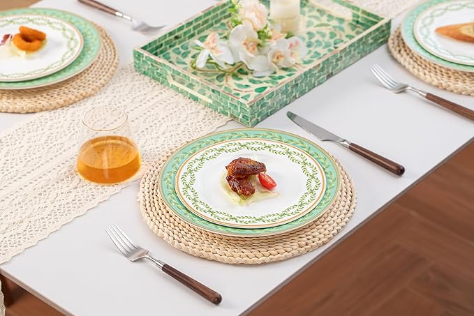 12-Piece Bone China Dinnerware Set with Gold Rim, Handcrafted Jingdezhen Design, Glazed Inner Patterns, Service for 4 – Green Collection