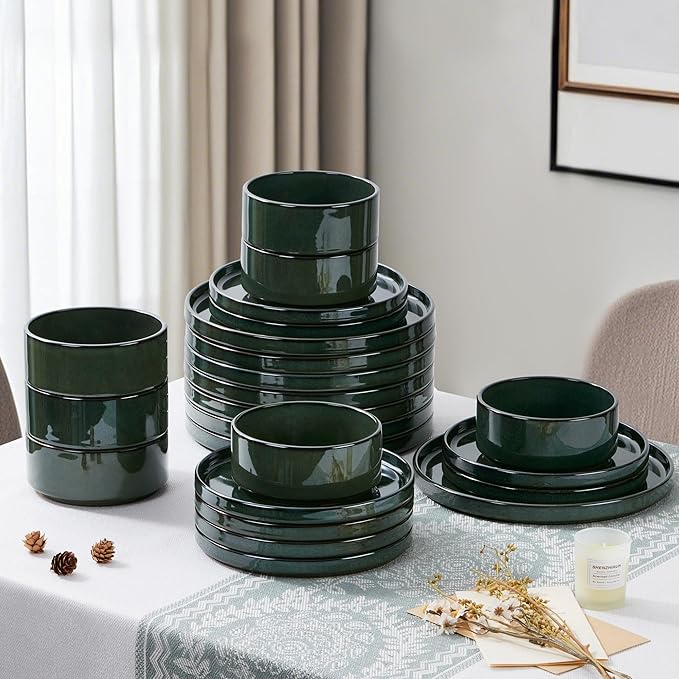 LIANYU Dinnerware Dishes Sets for 8, 24 Piece Stoneware Plates and Bowls Dishware Set, Modern Tableware Includes Ceramic Dinner Salad Plates, Cereal Bowls, Chip & Scratch Resistant, Hunter Green
