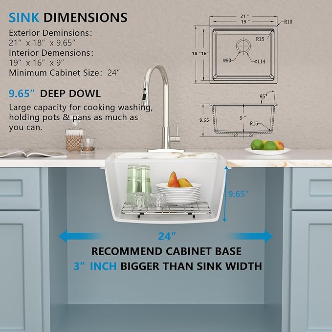 21"x18" Undermount Wet Bar Sink Workstation - White Granite Composite Quartz Classic Single Bowl Under Counter Small Kitchen Bar Prep RV Sink Basin