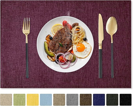 Romanstile Cloth Placemats Set of 4-12 x 18 Inch, Heat Resistant Double Layered Thickened Burlap Place Mats, Washable Linen Farmhouse Table Mats for Kitchen/Dining/Party/Outdoor, Purple