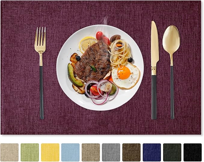 Romanstile Cloth Placemats Set of 6-12 x 18 Inch, Heat Resistant Double Layered Thickened Burlap Place Mats, Washable Linen Farmhouse Table Mats for Kitchen/Dining/Party/Outdoor, Purple