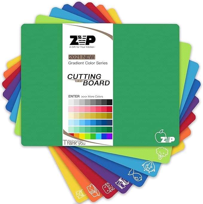 ZVP Plastic Cutting Boards for Kitchen, Flexible Cutting Mats, Colorful Chopping Boards with Food Icon, Non-Slip, Non Porous, BPA Free, Dishwasher Safe Rainbow