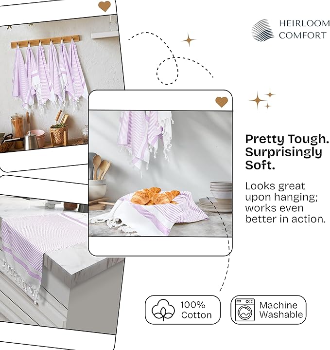 Lavender Turkish Kitchen Towels 16x26 Inch, 5 Pack, 100% Cotton, Ultra Absorbent, Soft, Fast Dry, Machine Washable, Dish Towel with Tassels for Drying Dishes, Cleaning, Everyday Use