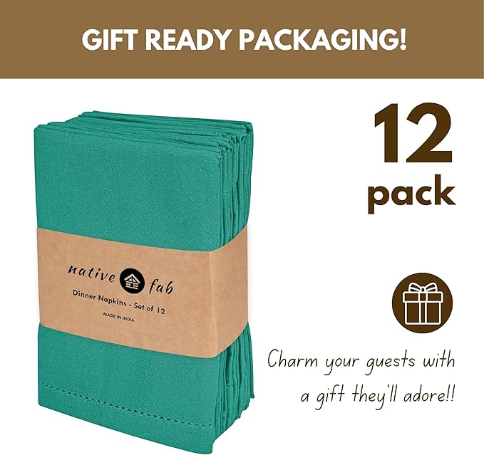 Native Fab Cloth Napkins Set of 12, 100% Cotton, Hemstitched Mitered Edges, Washable Fabric Napkins, 18x18 inch, Soft, Breathable, Reusable Linen Napkins for Events, Party, Luncheon - Royal Green
