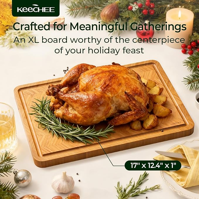 Atelier Collection Bamboo Cutting Board, Reversible Boards for Kitchen with Deep Juice Grooves and Handles, Large Wood Chopping Board for Cooking and Serving, Handcrafted Luxury Cutting Board