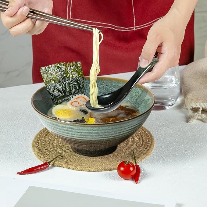 40 oz Ceramic Ramen Bowl Set of 2, Ramen Noodle Bowl with Spoons and Chopsticks 8 Inch Japanese Retro Style Large Soup, Pho, Udon Bowls, Microwave & Dishwasher Safe, Green