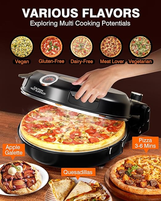 PYY Pizza Oven Indoor 12 Inch Electric Pizza Oven Countertop Heats up to 800℉ with Pizza Stone Viewing Window Thermometer Table Top Pizza Cooker Portable Pizza Maker Machine for Home Patio RV Dorm