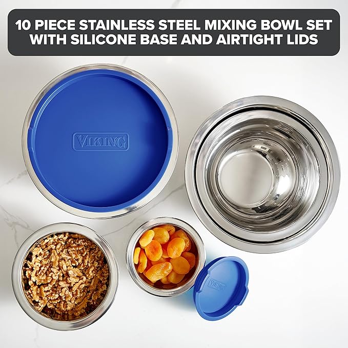 Viking Mixing Bowls Set, 10 Piece Stainless Steel Kitchen Cookware, Non-Slip Silicone Base, Includes Tight Fit Lids, Dishwasher Safe, Blue