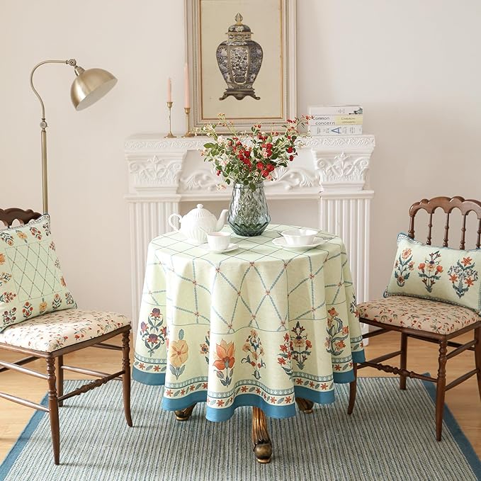 French Tablecloth for Round Tables,Linen Table Cloth with Colorful Flowers and Leaves Pattern,Heavy Durable Soft Table Cover for Dining Kitchen Decor Party Christmas,Diameter 55"