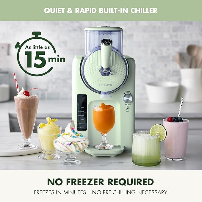 GreenPan Frost Ice Cream Machine & Frozen Drink Maker, Soft Serve, Slushie, Sorbet, Milkshakes & Cocktails, No Freezer Needed, 7 Textures, Quiet & Rapid, Easy Clean, Family Size, Pistachio Sage
