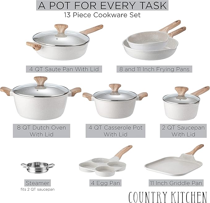Country Kitchen Non-Stick Cast Aluminum Cookware Set - Durable Kitchen Cookware for Everyday Cooking, Cream, 13 Pc.