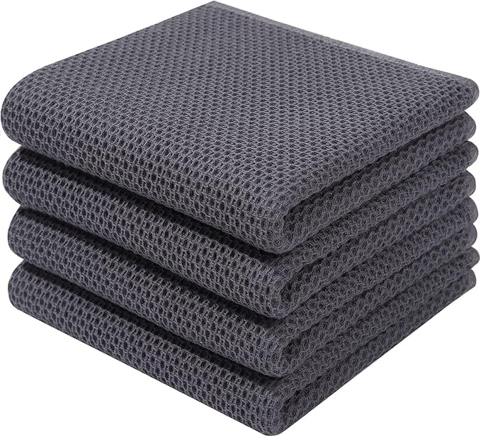 Homaxy 100% Cotton Waffle Weave Kitchen Dish Towels, Ultra Soft Absorbent Quick Drying Cleaning Towel, 13 x 28 Inches, 4-Pack, Dark Grey