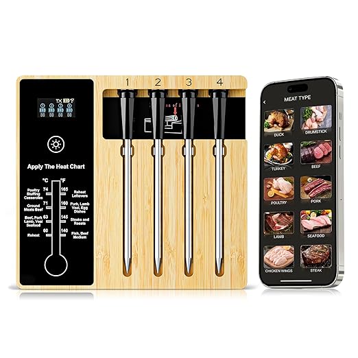 Smart Wireless Meat Thermometer 4 Probes, Bluetooth Food Thermometer, Remote Tracking and Real-Time Readings from Apps, for iOS and Android, for BBQ, Grill, Smoker, Nigogor Heat-Resistant Probes