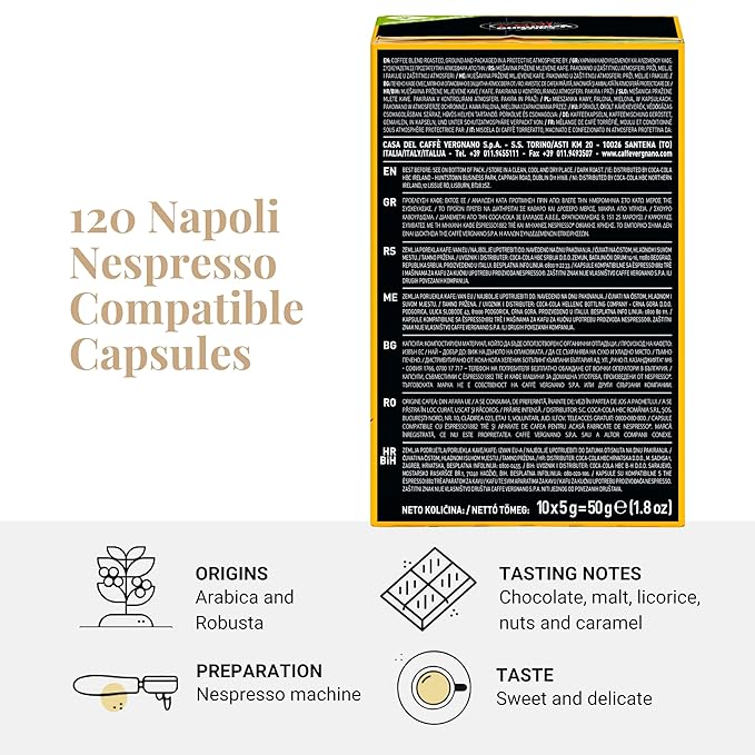 Caffè Vergnano Napoli Espresso Capsules – Original Line Compatible Pods – Medium Roast Arabica Robusta Blend, Intensity 10/10 – Italian Single-Serve Coffee With Dark Chocolate Spiced Notes – 120 Count