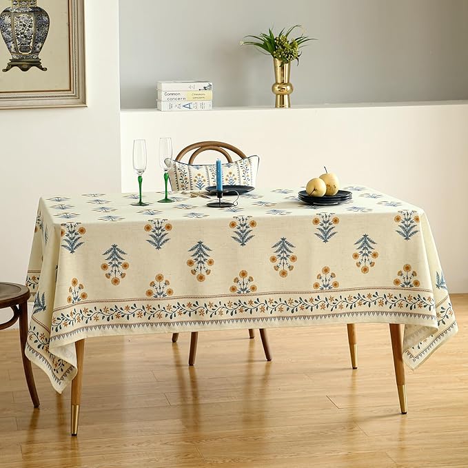 French Tablecloth for Rectangle Tables,Linen Table Cloth with Yellow Flowers and Leavs Pattern,Heavy Durable Table Cover for Dining Thanksgiving Kitchen Decor Party Christmas,63"*102"