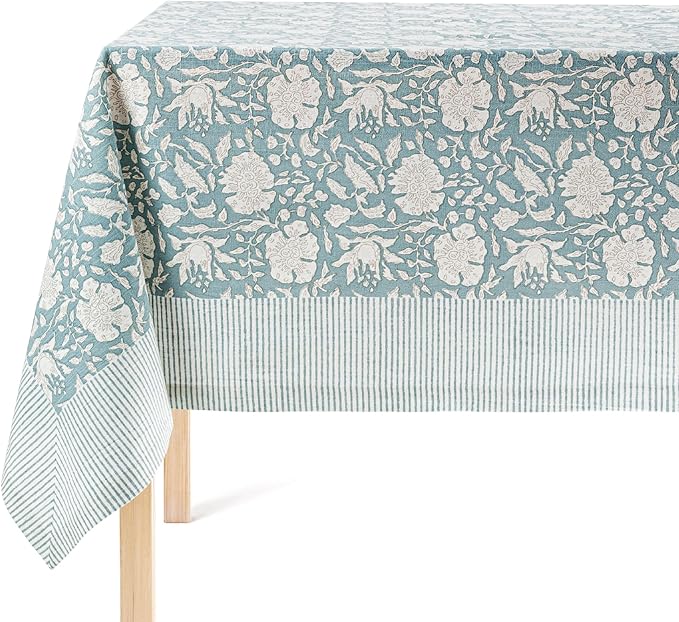 over&back Hand-Screened Tablecloth - Dining Table Cover - Each Tablecloth is Unique - 100% Cotton - Machine Washable - Kitchen and Home Decor - Blue Floral - 70x90