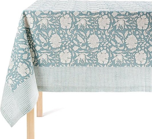 over&back Hand-Screened Tablecloth - Dining Table Cover - Each Tablecloth is Unique - 100% Cotton - Machine Washable - Kitchen and Home Decor - Blue Floral - 70x90