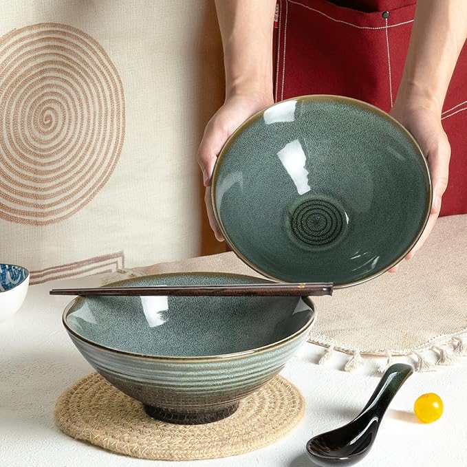 40 oz Ceramic Ramen Bowl Set of 2, Ramen Noodle Bowl with Spoons and Chopsticks 8 Inch Japanese Retro Style Large Soup, Pho, Udon Bowls, Microwave & Dishwasher Safe, Green