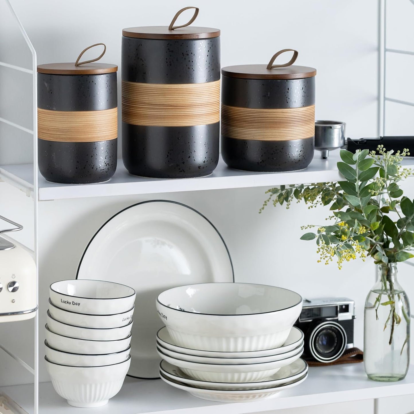 Spice Jars with Lid, Coffee Container Kitchen Food Storage Jars for Spice Sugar Tea Bag, Stackable Decorative Jars for Countertop, Black & 37 fl.oz