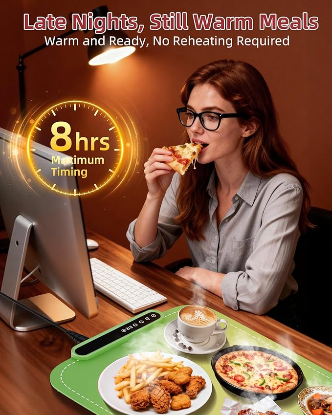 Warming Mat for Food, Upgraded Fast-Heating Electric Warming Tray with 7 Temp Levels & 8 Timers, Buffet Raised Feet & Rollable Silicone Heat Pad, Portable Food Warmer for Home, Party & Travel(Green)