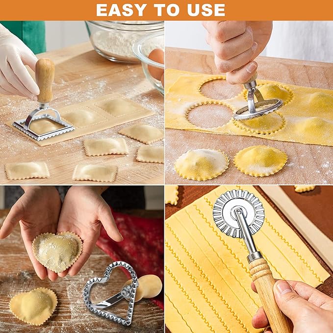 Ravioli Pasta Maker Cutter with Roller Wheel (Set of 6), Ravioli Cutter Set with Wooden Handle, Ravioli Press Pasta Maker Tools for Ravioli, Pasta Making Dumplings, Lasagna, Pierogi