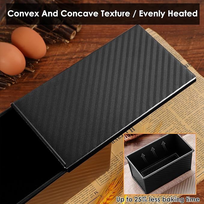 1lb Bread Pan with Dough Scraper Cutter, 8.4 X4.8inch Black Bread Loaf Pan, Rectangular Covered Metal Pullman Loaf Pan with Lid for Homemade Sandwich Bread