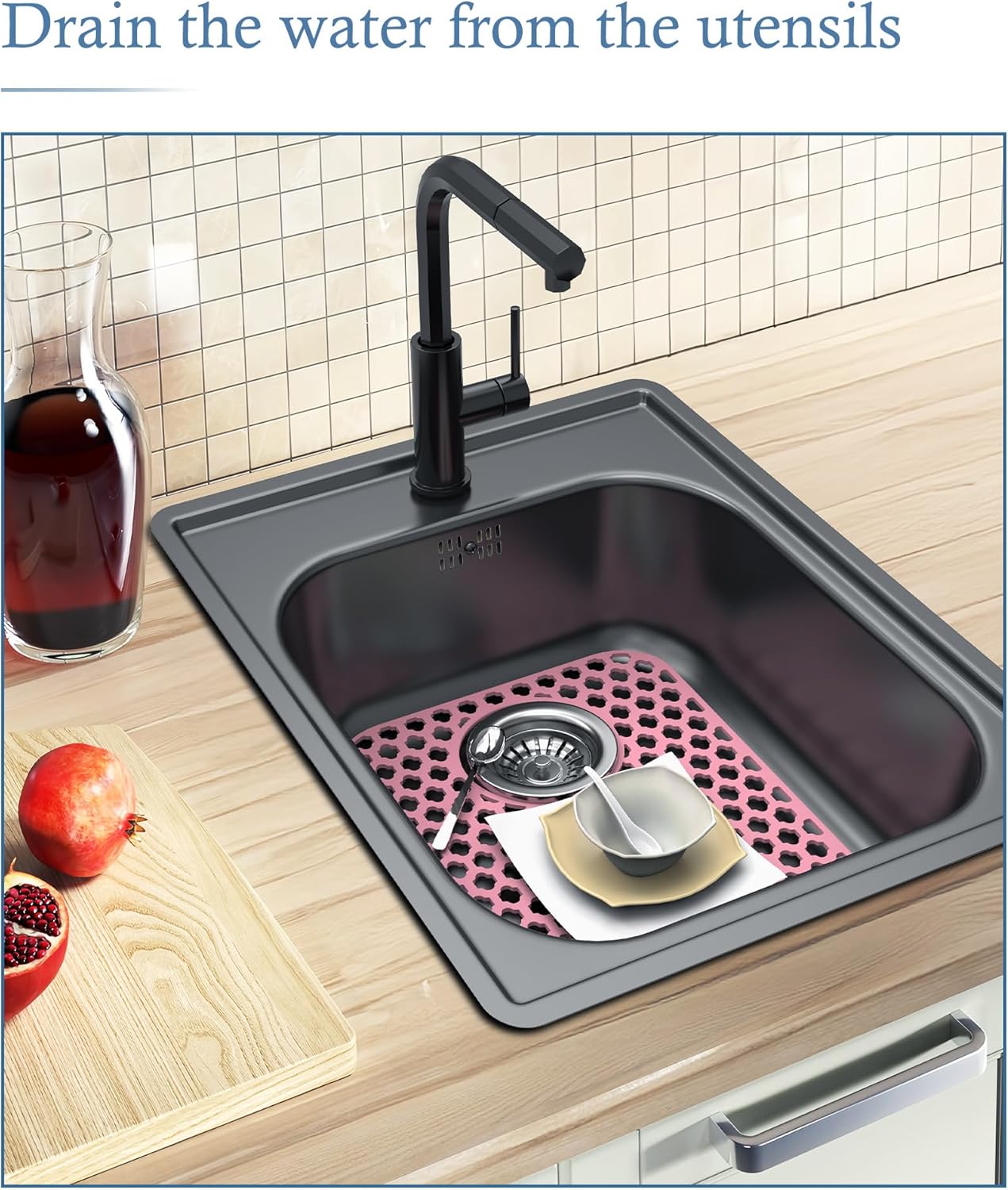 2 Pack Silicone Sink Protector for Kitchen Sink Bathroom, 13.58"x 11.6" Sink Mat Non-Slip and Durable Silicone Protectors, Rear Drain, Pink