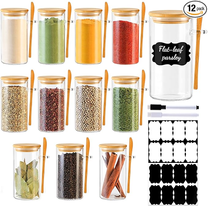 12 Pack 10 oz Round Glass Spice Jars with Lids and Spoons – Airtight Small Spice Containers Set with Labels, Clear Glass Storage Jars for Seasoning, Spices, Kitchen Pantry Organization
