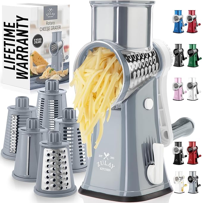 Zulay Kitchen Rotary Cheese Grater 5 Blade Cheese Shredder - Manual Hand Crank Cheese Grater With Reinforced Suction & 5 Interchangeable Drums - Easy to Use, Vegetable Chopper Round Mandoline Slicer