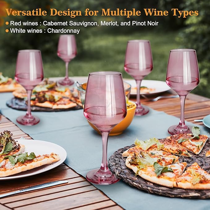 Pink Wine Glasses Set of 6-12oz Pink Long Stem Wine Glass Cups, Pink Pretty Crystal Glassware, Hand Blown Goblets Drinkware, Unique Drinking Stemware Holiday Gift Set for Women