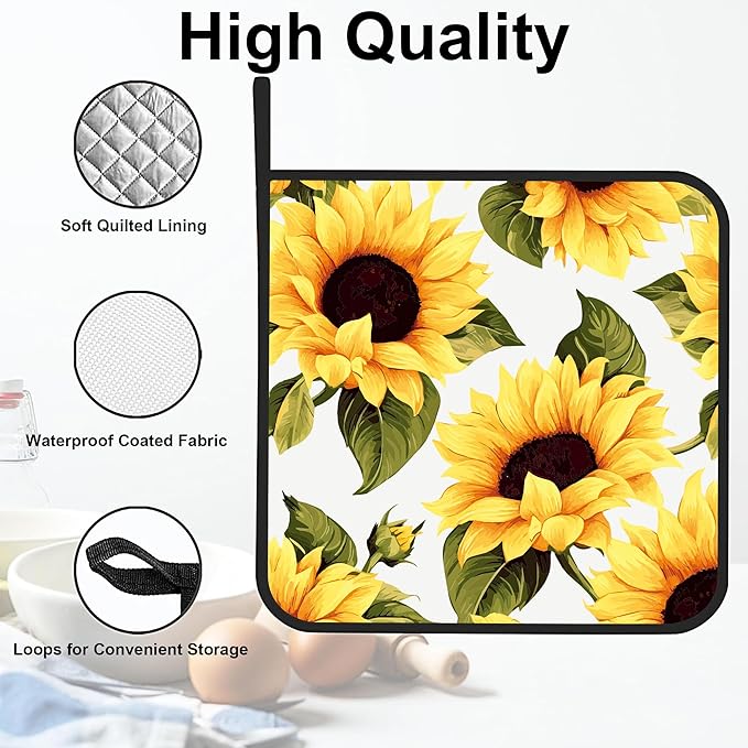 Groovy Sunflower Pot Holders Set of 2 Kitchen Heat Resistant Potholders for Microwave Cooking Baking Oven End Dishes and BBQ Gifts for Women