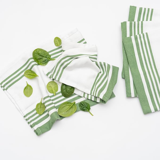 Olive Green Stripes Kitchen Towels - 6 Pack, 30"x20", 100% Cotton Olive Green Dish Towels with Hanging Loop - Lint-Free, Absorbent, Reusable, Washable, Large Size and Durable Dish Rags