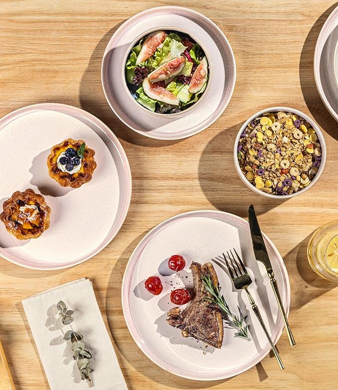 TheTerra Ceramic Dinnerware Sets for 6, 18 Pieces Porcelain Lightweight Speckled Plates and Bowls Sets, Scratch Resistant Dish Set, Oven & Microwave & Dishwasher Safe, Primrose Pink